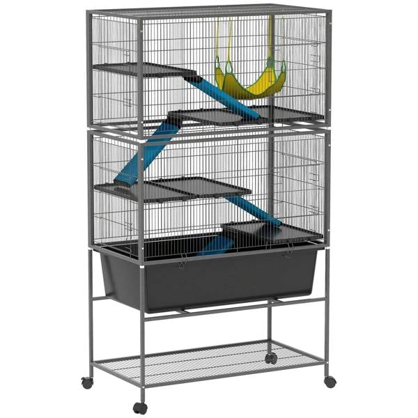 Dark grey wire small animal cage with ramps, slide-out tray, rolling wheels