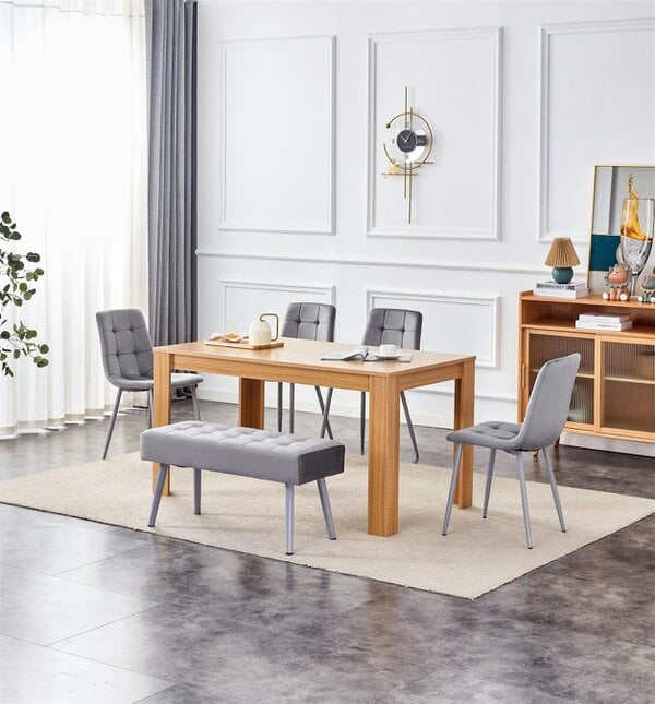 Kosy Koala Dining Table and 4 Chairs With Bench Oak Effect Wood Table 4 Grey Velvet Chairs Dining Room