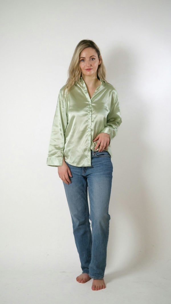 The Colourful Aura Green Silk Satin Plain Long Sleeve Solid Print Loose Shirt