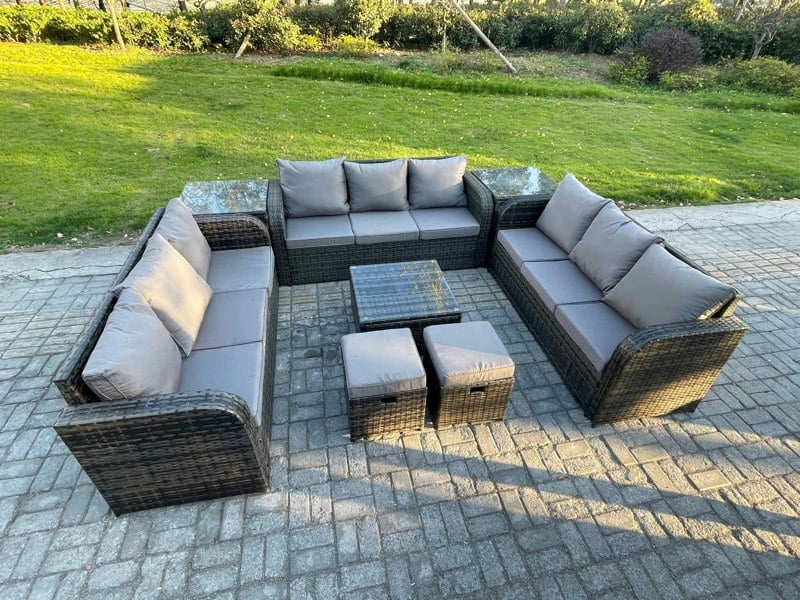 Fimous 11-Seater Dark Grey Rattan Outdoor Sofa Set | Square Coffee Table, 3-Seater Sofa, 2 Footstools, 2 Side Tables