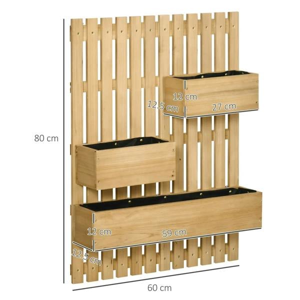 Wall-mounted wooden trellis planter with three boxes; size labels and black base tray