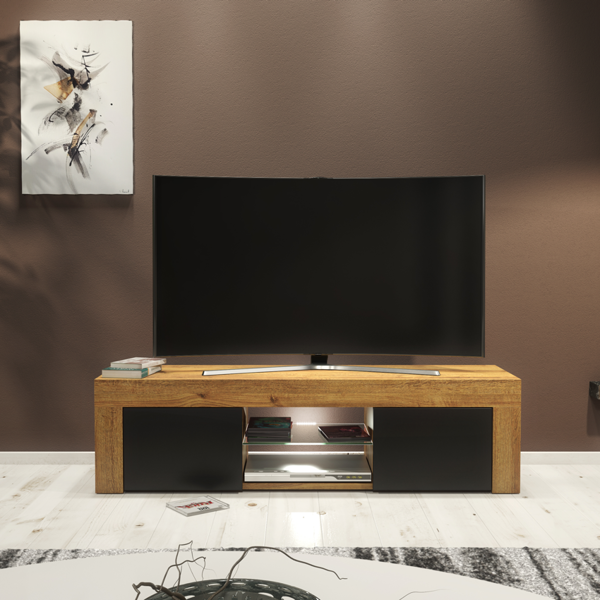 Mex Furniture 130cm Oak TV Unit Cabinet with Black Matt Doors and Free LED Lights
