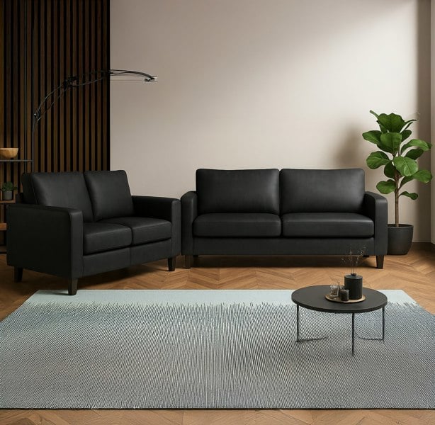 Furnishings For Less York Black Faux Leather 3+2 Sofa Set