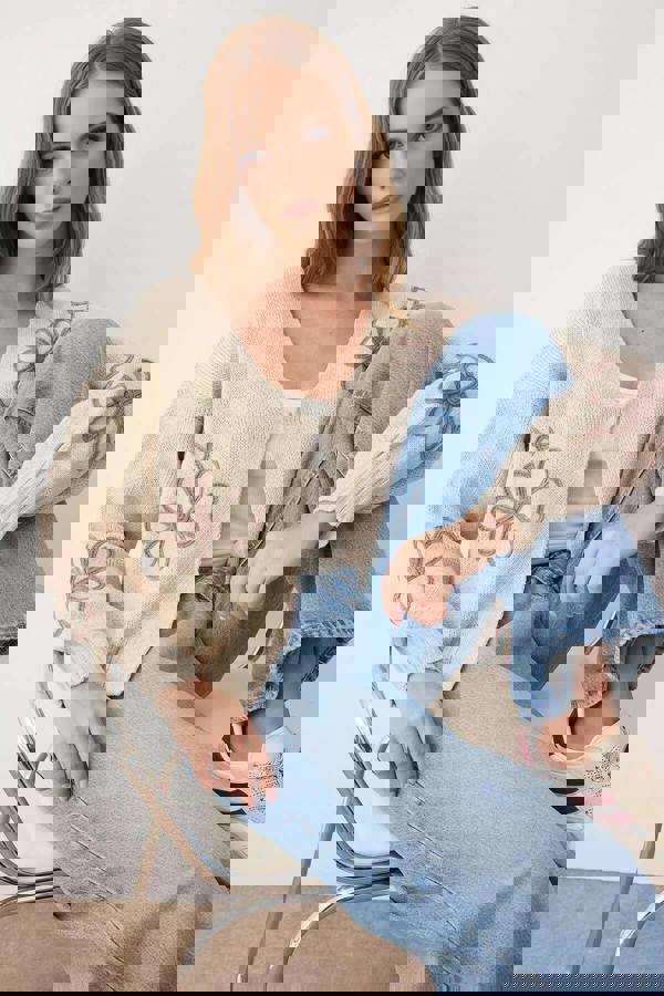 WOVCOR V-Neck Knit Cardigan with Embroidery Details