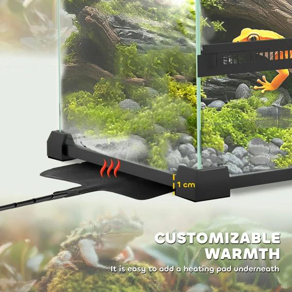 Black reptile vivarium with vented lower channel and clear glass panels near the base