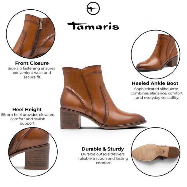 Tamaris Women's Brown Tan Leather Heeled Ankle Boots - 25313-47