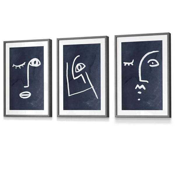 Artze Wall Art Set of 3 Framed Abstract Faces Navy Blue