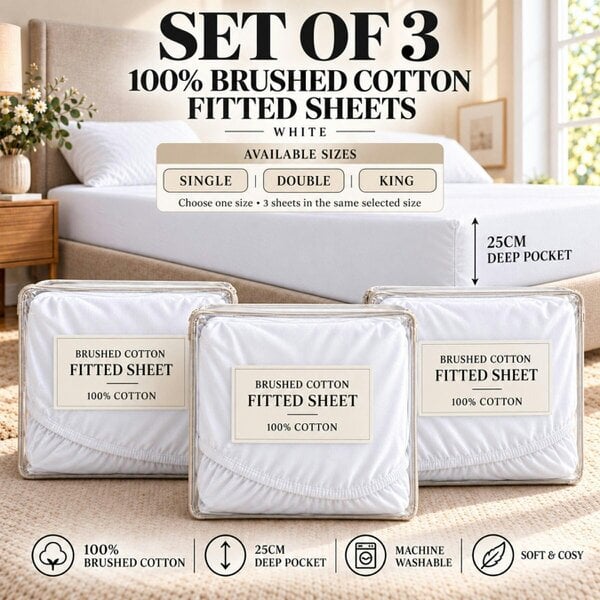Smart Living 3 Pack Brushed Cotton Fitted Sheets – White
