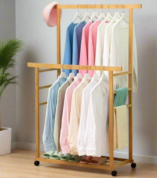 Modcraft Large Bamboo Clothes Rail with Wheels, Wooden Garment Rack with Shelves for Bedroom