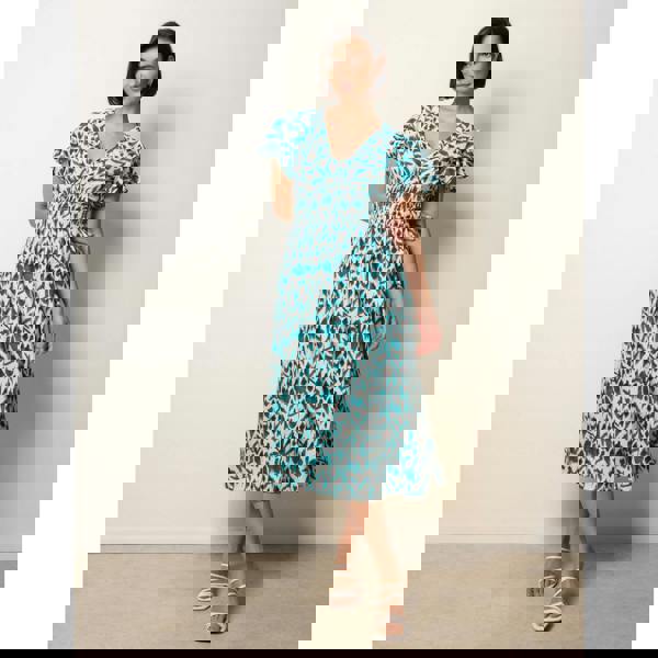 Blue Vanilla Printed V Neck Frill Sleeve Midi Dress