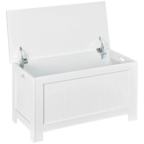 White lift-top storage chest with open lid and metal safety hinges