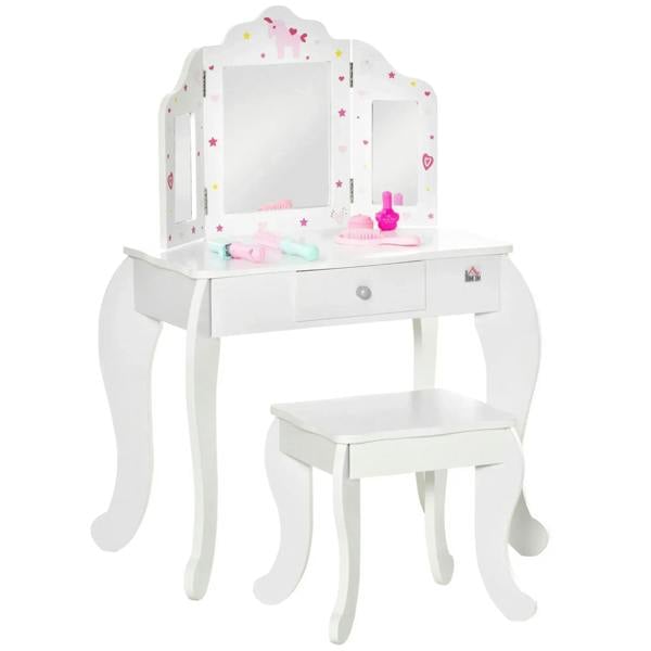White kids vanity table set with tri-fold mirror, drawer, and matching stool