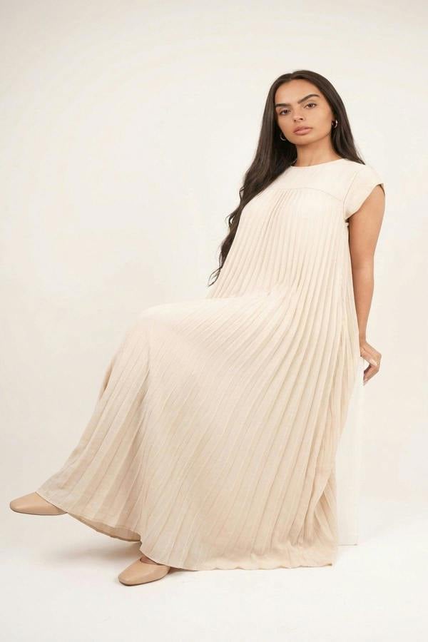 Sarina Pleated Cap Sleeve Maxi Dress - Beige