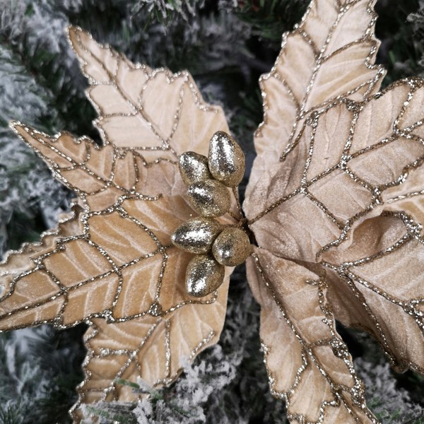 Samuel Alexander 50cm Champagne Velvet Poinsettia Stem with Glitter Christmas Decoration