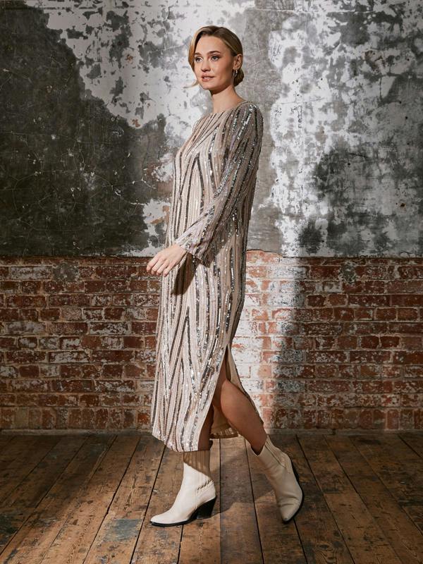 Rose & Nancy Ivory Pearl Beaded Midi Dress