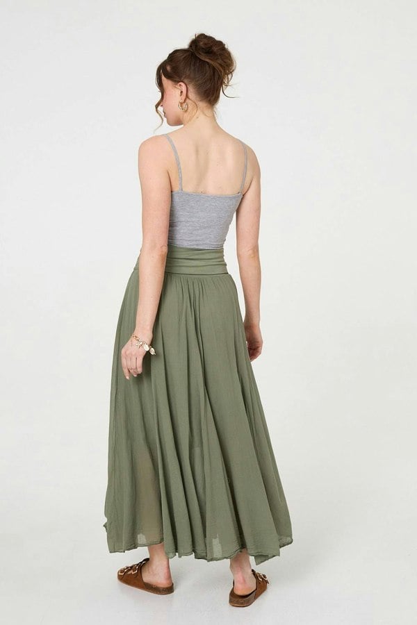 Khaki | Stretchy High Waist A-Line Maxi Skirt
