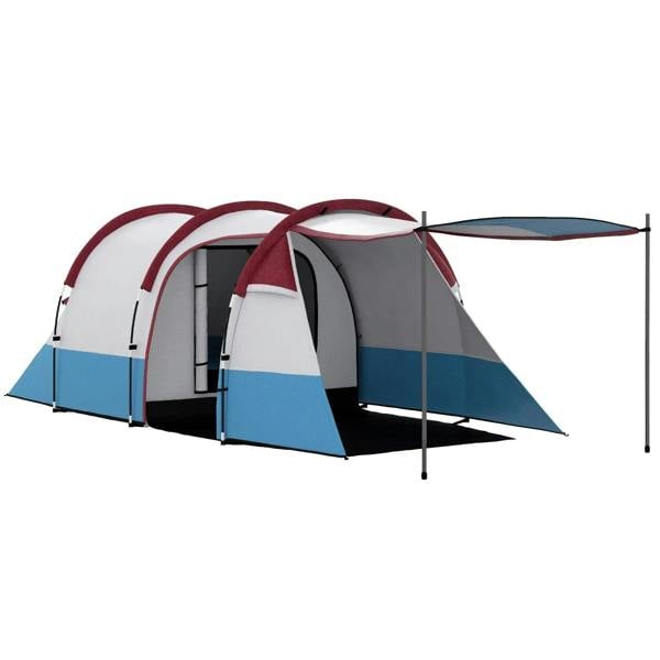 Large tunnel camping tent with red frame, blue-and-white sides, bedroom divider.