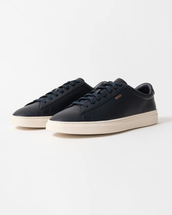 BOSS Orange Kieran Mens Grained-leather trainers with rubber sole in Dark Blue 407