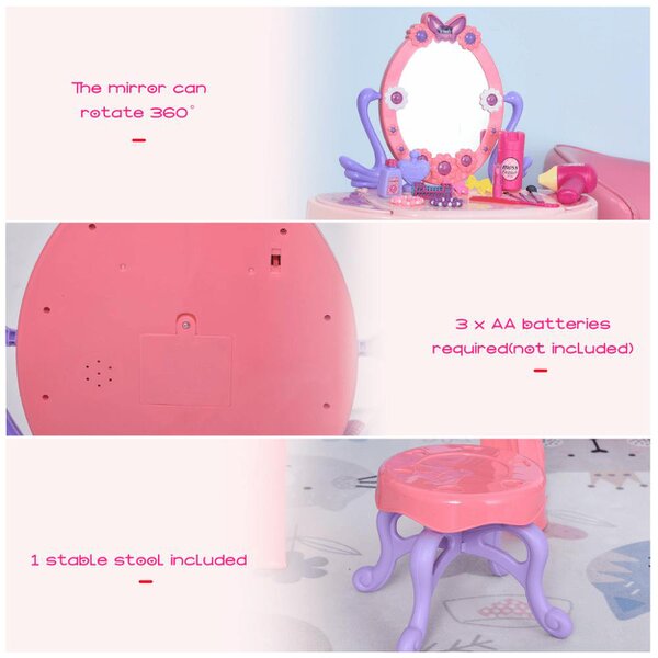 HOMCOM Kids Pretend Play Plastic Vanity Table Set Pink/Purple