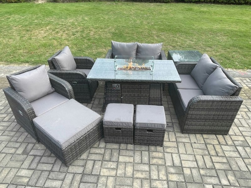 Fimous 9 Seater Rattan Garden Furniture Set Propane Gas Fire Pit Table and Sofa Chair set with 3 Footstool Side Table