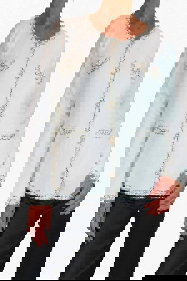 Paulo Due Women's Textured Bouclé Cardigan Jacket with Pearl Trim