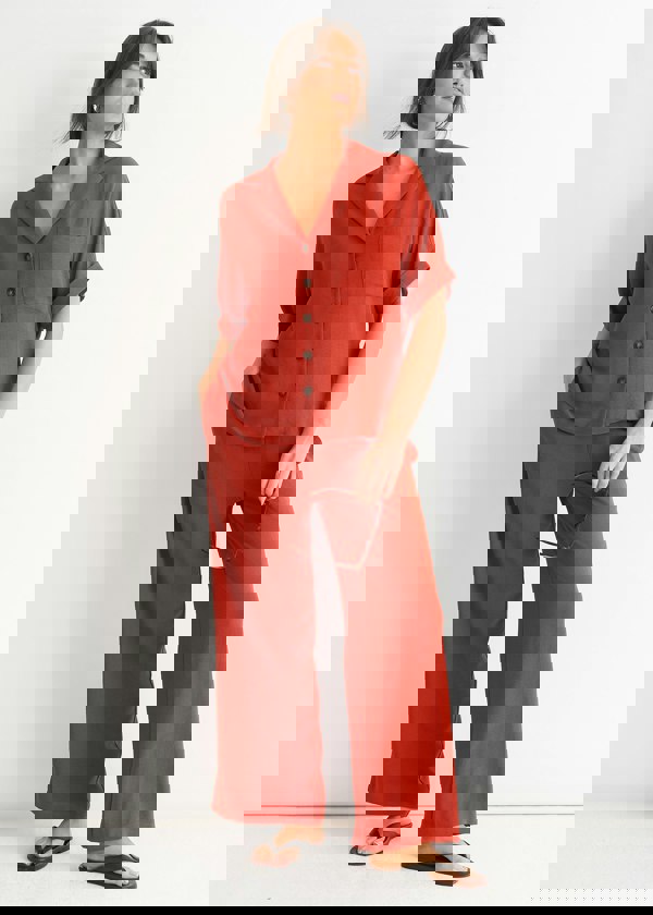 Gini London Rust Elastic Waist Wide Leg Trousers