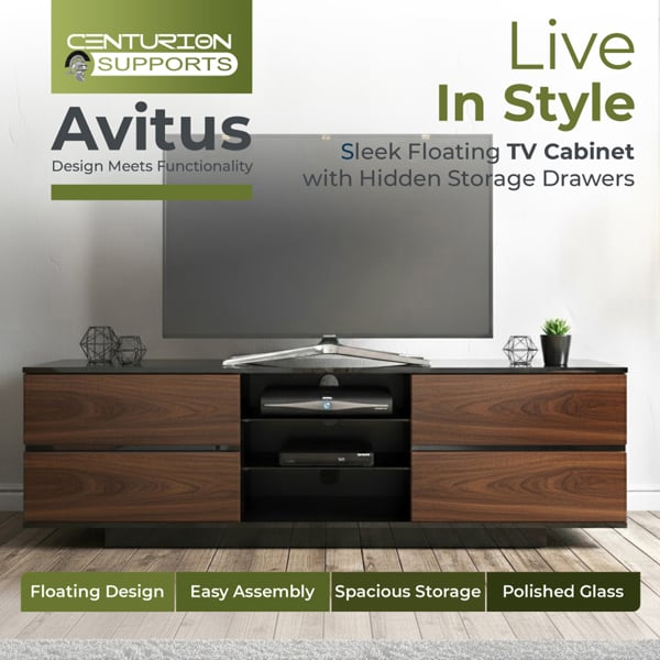Centurion Supports AVITUS High Gloss Black with 4-Walnut Drawers for 32"-65" LED/OLED/LCD TV Cabinet - FULLY ASSEMBLED