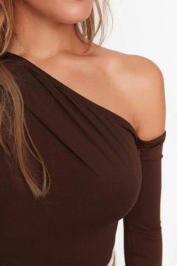 WOVCOR Asymmetrical Collar Long Sleeve Knit Bodysuit