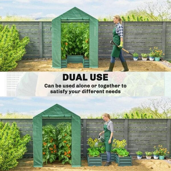 Bobobiy Small Greenhouse with Raised Garden Bed, Galvanised Walk-in Greenhouse with Roll Up Windows, 141 x 141 x 190 cm, Green