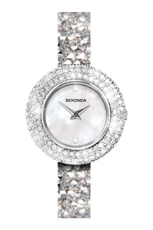 Dyzi Silver Crystal Bracelet Strap Watch With White Dial