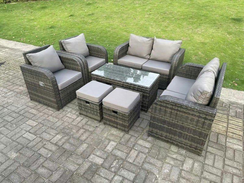 Fimous 8 Seater Dark Grey PE Wicker Rattan Garden Furniture Set Reclining Chair 2 Seater Love Sofa Set Outdoor Rectangular Coffee Table Stools