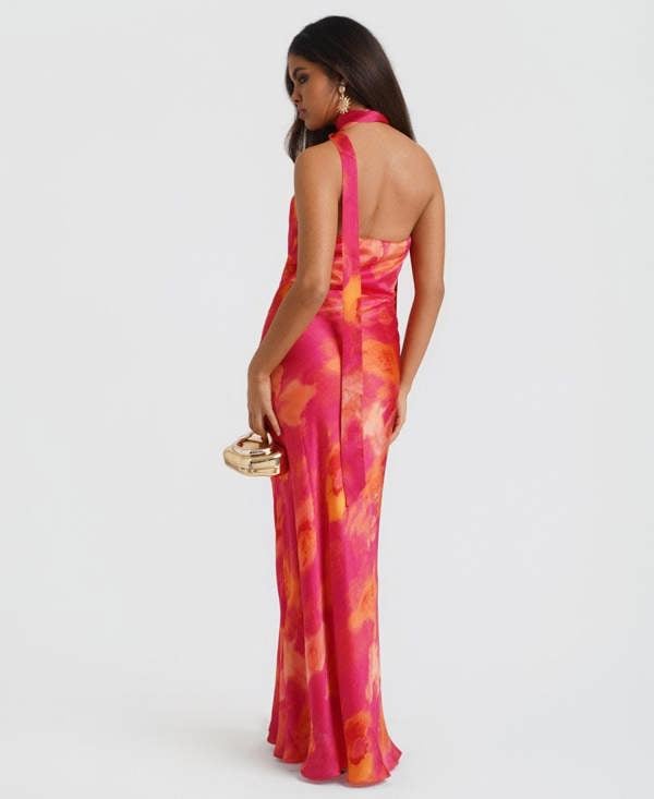Needs No Label Pink Marble Scarf Neck Maxi Dress