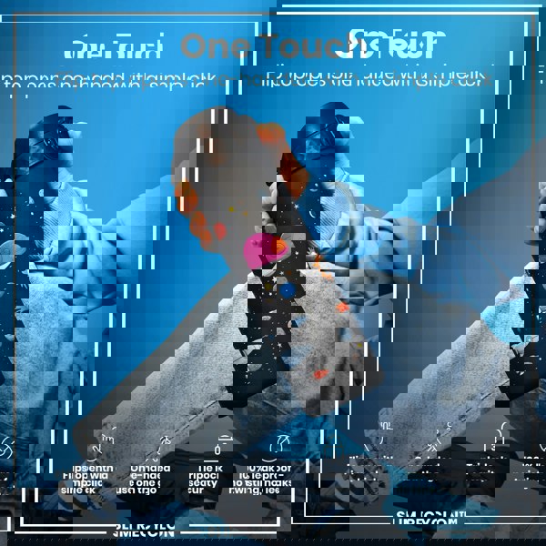 A black water bottle, featuring a space theme, is held; its flip top opens one-handed. The bottle is displayed against a bright blue background. "One Touch," "Flips open with a simple click," "One-handed use on the go," "Triple lock security," "100% leak proof - no twisting, no leaks," and "SLIM RECYCLON™" are also shown.