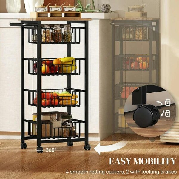 Four Basket Mobile Kitchen Island, with Brakes - Oak/Black