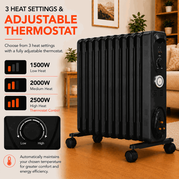 MYLEK Oil Filled Radiator 2500w Portable Heater Thermostat 24 Hour Timer Grey