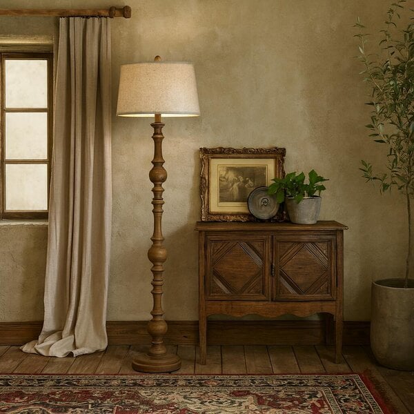 Wyld Haus Perouges Slim Wooden Pillar Floor Lamp With Edged Linen Shade