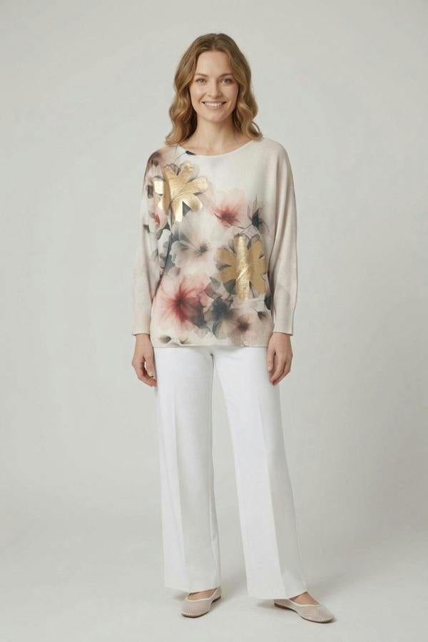 Grey | Floral Metallic Batwing Sleeve Jumper