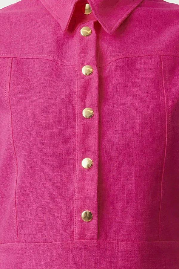 WOVCOR Straight Cut Shirt Collar Linen-Look Mini Woven Dress