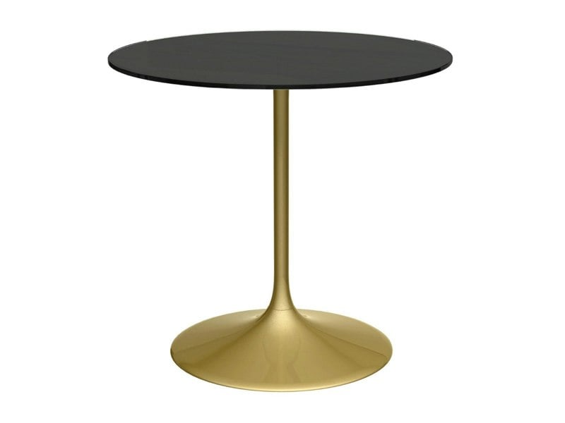 Swan Small Circular Dining Table with Black Glass Top and Brushed Brass Tulip Base by Gillmore British Design © GillmoreSPACE Ltd