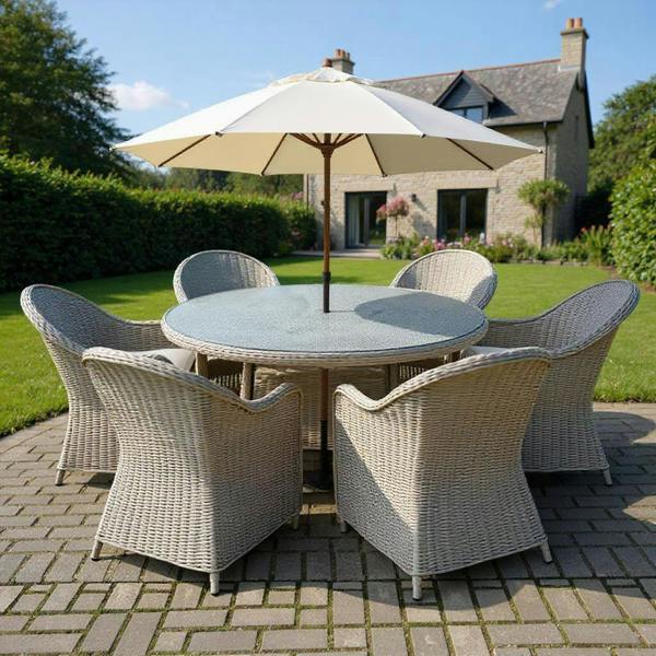 Shatchi Sorrento 6-Seater Rattan Dining Set, Round Garden Table with Chairs, Outdoor Patio Furniture Set