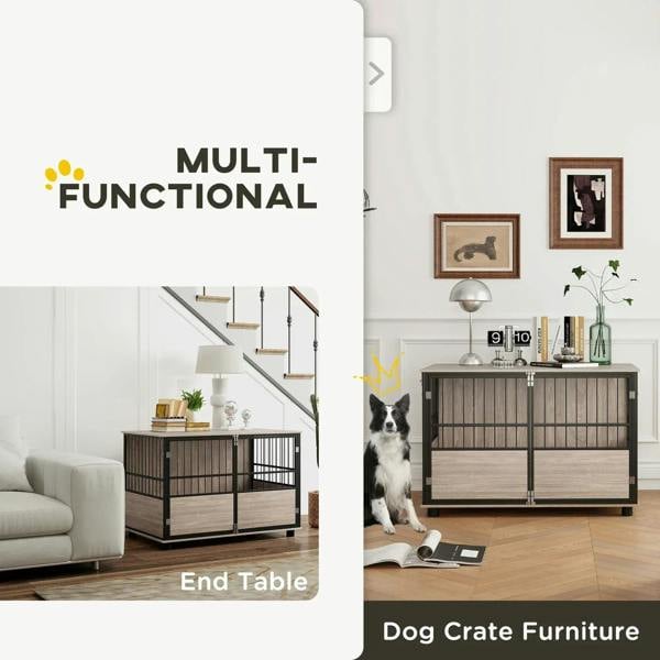 Brown wood dog crate end table with black metal doors and side access panels.