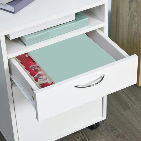 White filing cabinet interior with pull-out drawer and open shelf, metal handle, rolling base