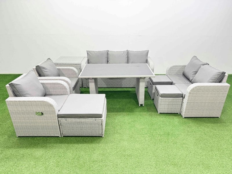 Fimous 10 Seater Garden Furniture Set PE Rattan Garden Sofa Set with Rectangular Dining Table 3 Stool Side Table Light Grey