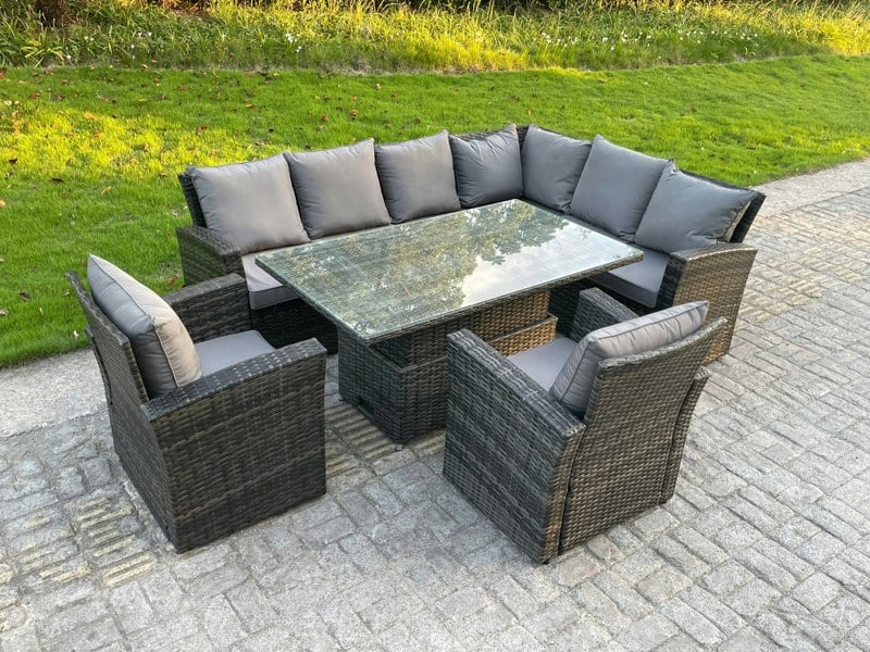 Fimous High Back 8 Seater Rattan Corner Sofa Garden Furniture Set with Adjustable Rising Dining Table & 2 Chairs