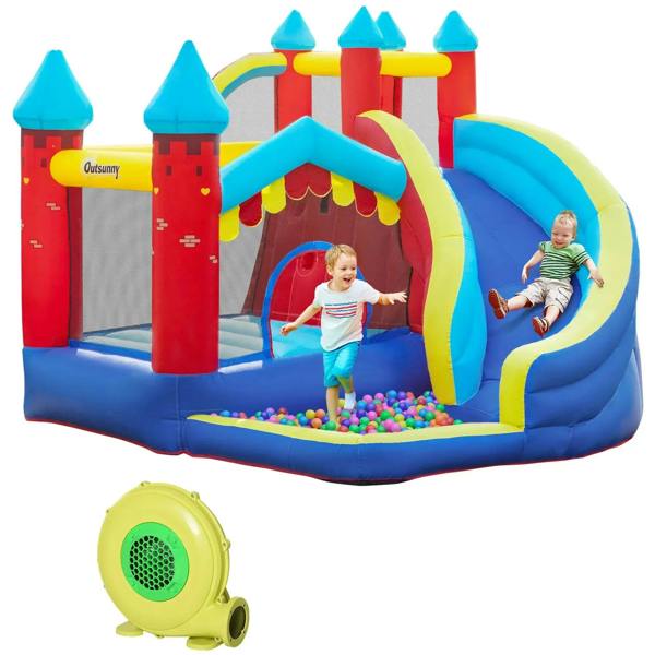 Inflatable kids bouncy castle with slide and ball pool, plus air blower unit