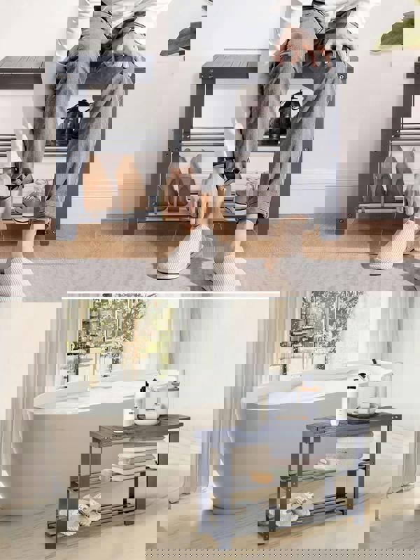 MANTRARAJ Bamboo Shoe Bench 3-Tier Shoe Rack Stand Seater Grey Shoes Organizer Storage Shelf