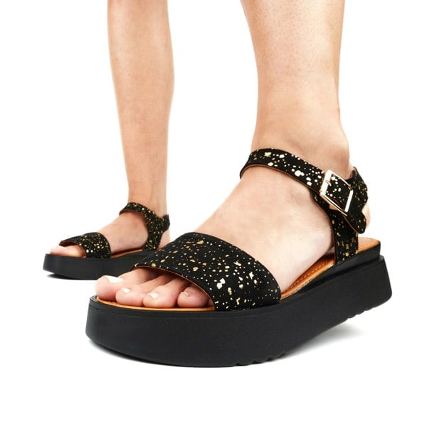 Embassy London Amalfi - Black Gold Drops - Women's 1.3 inch flatform strappy leather chunky sandal