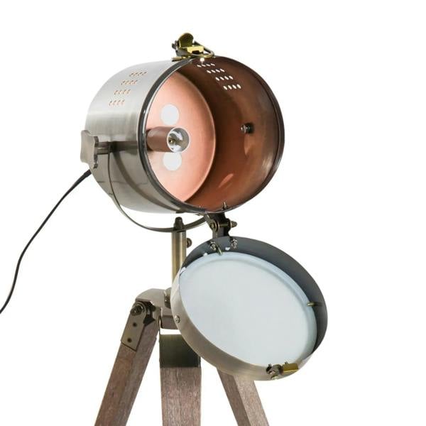 Tripod spotlight desk lamp with dual hinged reflectors and dark wood tripod base