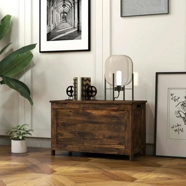 Rustic wooden storage chest with flat top and front panel, dark brown finish