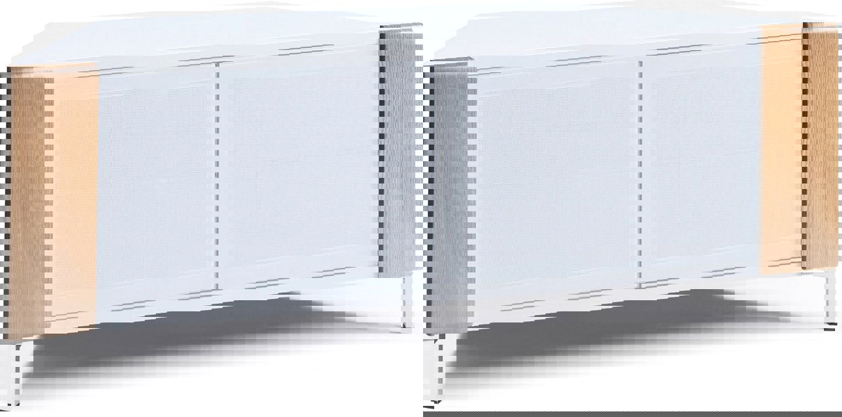 MDA Designs CORVUS Corner-Friendly Gloss White Contemporary Cabinet with Oak Profiles White BeamThru Glass Doors for Flat Screen TVs up to 50"